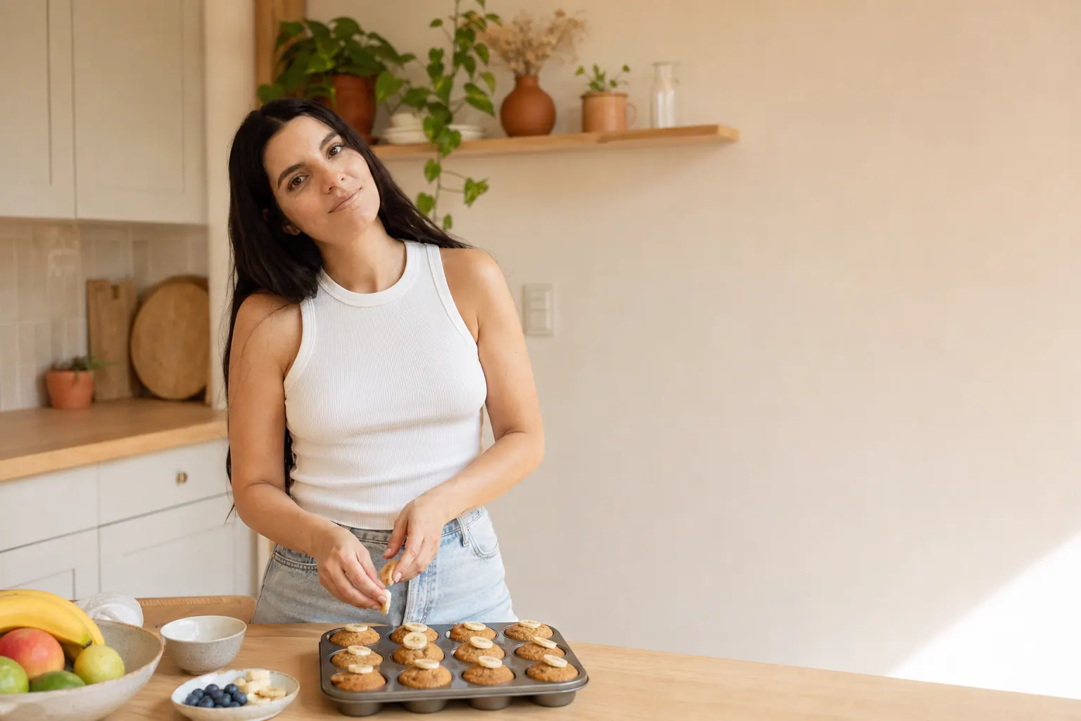 Candela Bulacio preparando muffins en una cocina luminosa
