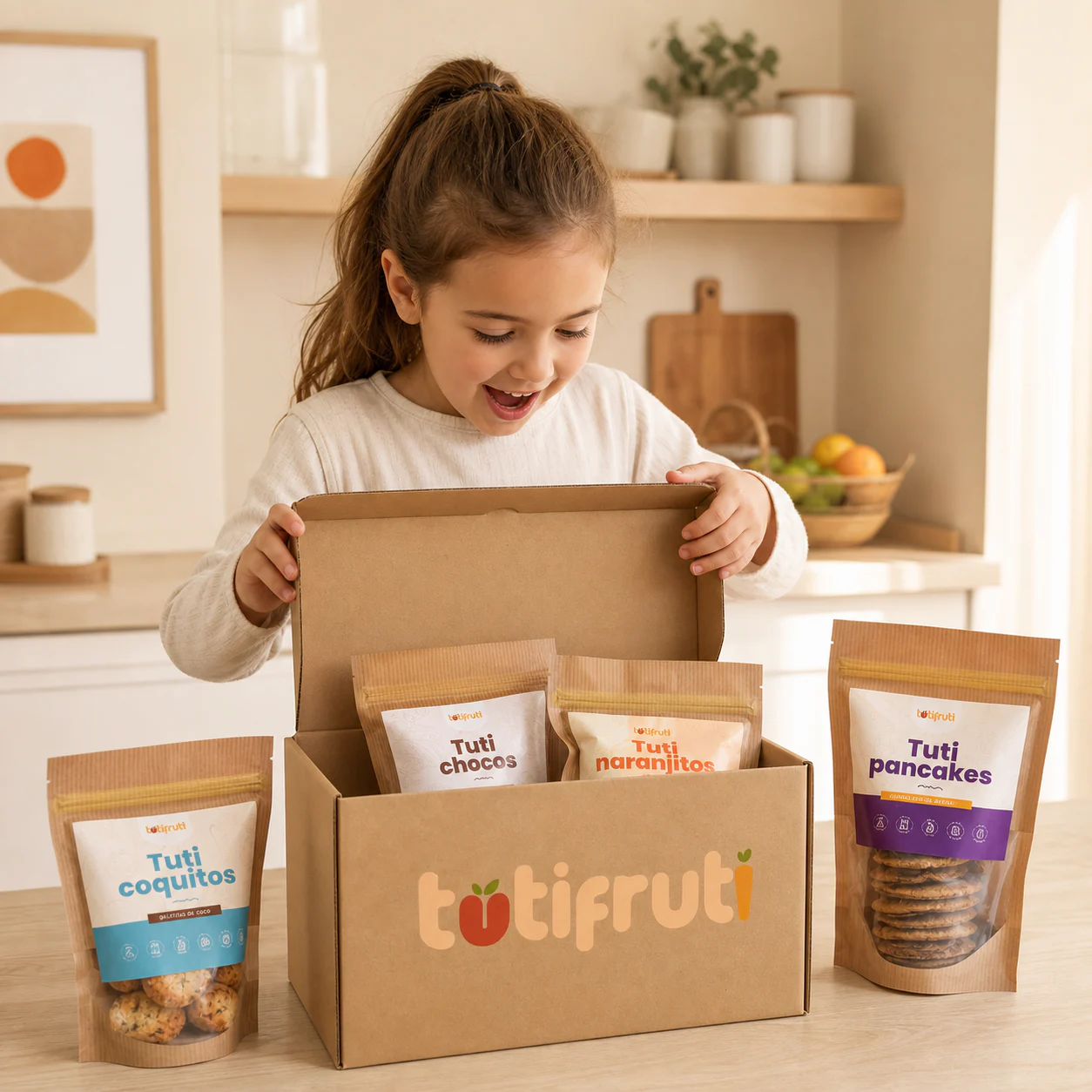 Niña descubriendo una caja Tuti Fruti con sus bolsas de snacks